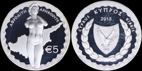 CYPRUS: 5 Euro (2015) in silver (0,925) commemorating Greek Mythology with national Arms. Statue of Aphrodite over outline of country on reverse. Insi...