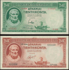 GREECE: Lot of 50 Drachmas (1.1.1939) in green & 50 Drachmas (1.1.1941 - issued on 2.1.1945) in red both with Hesiod at left. S/Ns: "O.009 170045" & "...