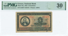 GREECE: 5 Drachmas (28.4.1923) in black on green and multicolor unpt with portrait of G Stavros at left. S/N: "ΓΩ077 333472". Rubber-stamp signature b...
