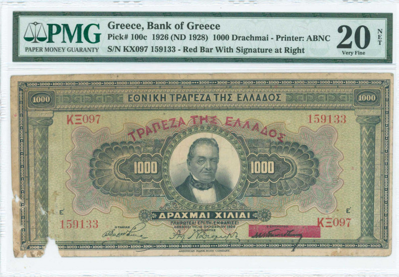 GREECE: 1000 Drachmas (ND 1928 / old date 15.10.1926) in black on green and mult...