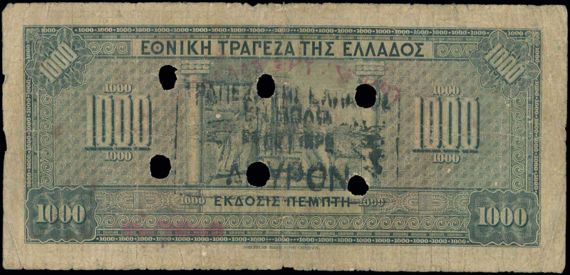 GREECE: 1000 Drachmas (15.10.1926) of 1941 Emergency re-issue cancelled banknote...