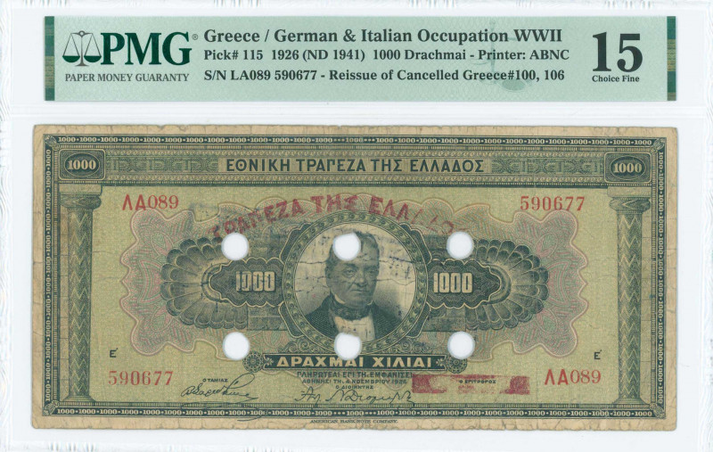 GREECE: 1000 Drachmas (4.11.1926) of 1941 Emergency re-issue cancelled banknote ...