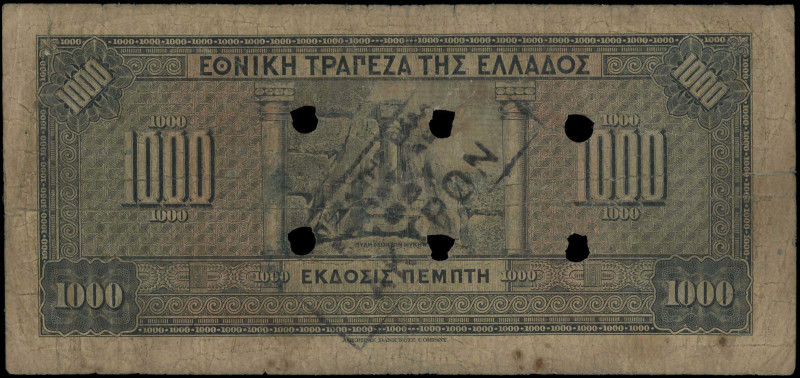 GREECE: 1000 Drachmas (4.11.1926) of 1941 Emergency re-issue cancelled banknote ...