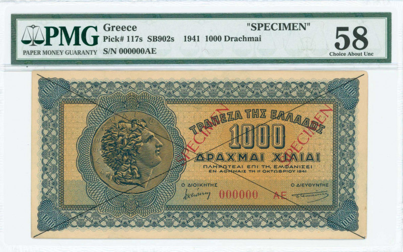 GREECE: Specimen of 1000 Drachmas (1.10.1941) in blue on orange with coin of Ale...