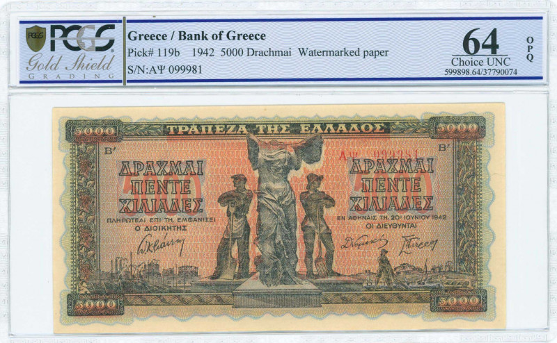 GREECE: 5000 Drachmas (20.6.1942) in black on orange, blue and green unpt with s...