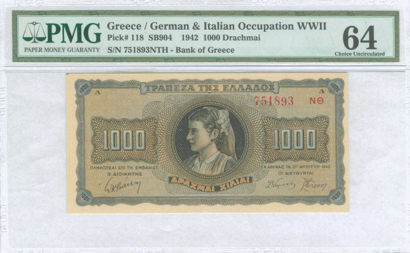 GREECE: 1000 Drachmas (21.8.1942) in black on blue and orange unpt with girl in ...