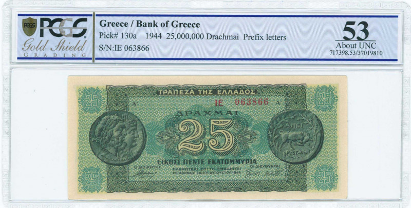 GREECE: 25 million Drachmas (10.8.1944) in dark green and green with ancient coi...