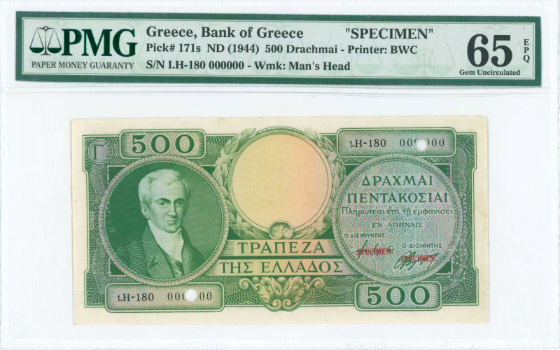 GREECE: Specimen of 500 Drachmas (ND 1945) in green with portrait of Kapodistria...