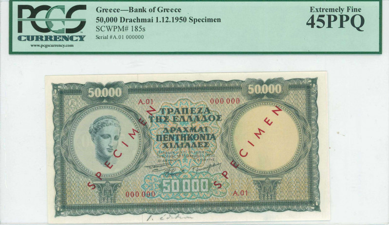 GREECE: Specimen of 50000 Drachmas (1.12.1950) in deep green and green on orange...