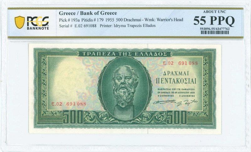 GREECE: 500 Drachmas (8.8.1955) in deep green on light blue, light orange and li...