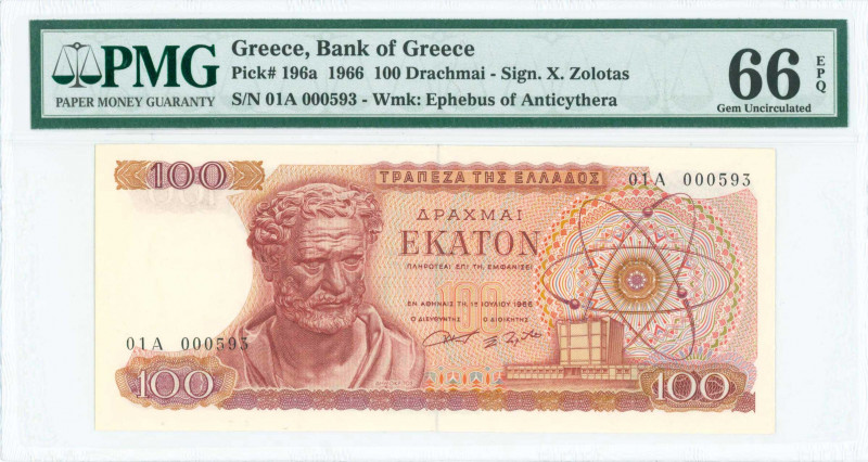 GREECE: 100 Drachmas (1.7.1966) in red and dark red on multicolor unpt with Demo...