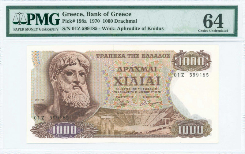 GREECE: 1000 Drachmas (1.11.1970) in brown on multicolor with Zeus at left. S/N:...