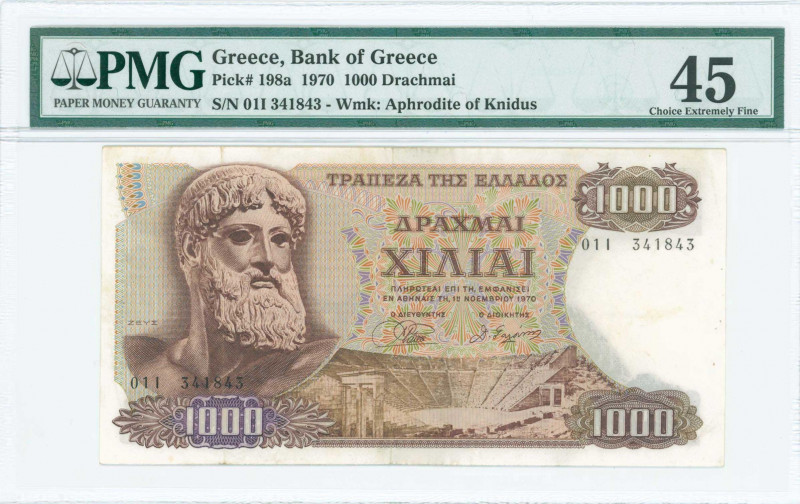 GREECE: 1000 Drachmas (1.11.1970) in brown on multicolor unpt with Zeus at left....