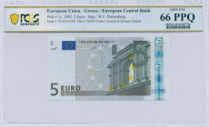 GREECE: 5 Euro (2002) in gray and multicolor with gate in classical architecture at right. S/N: "Y01022972491". Printing press and plate "P005F6". Sig...