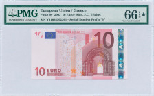 GREECE: 10 Euro (2002) in red and multicolor with gate in romanesque period. S/N: "Y11693502361". Printing press and plate "N014A2". Signature by Tric...