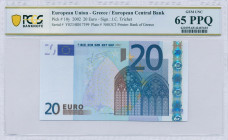 GREECE: 20 Euro (2002) in blue and multicolor with gate in gothic architecture. S/N: "Y02348017399". Printing press and plate "N003C3". Signature by T...
