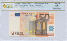 GREECE: 50 Euro (2002) in orange and multicolor with gate in renaissance architecture. S/N: "Y00637388515". Printing press and plate "N001C3". Signatu...