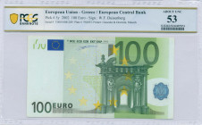 GREECE: 100 Euro (2002) in green and multicolor with gate in baroque and rococo architecture. S/N: "Y00054081289". Printing press and plate "P005E3". ...
