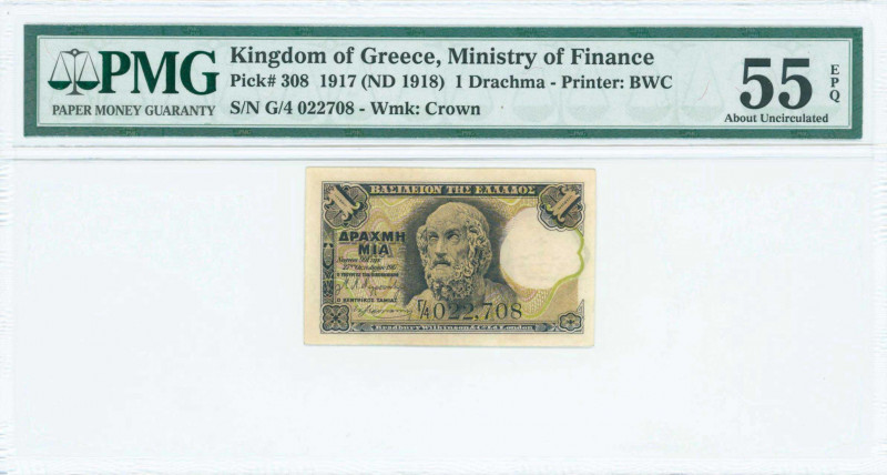 GREECE: 1 Drachma (ND 1918) in black on light green and pink unpt with Homer at ...