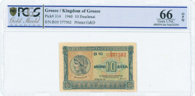 GREECE: 10 Drachmas (6.4.1940) in blue on light green and light brown unpt with ancient coin with Goddess Demeter at left. S/N: "B10 377562". WMK: Cel...