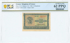 GREECE: 10 Drachmas (6.4.1940) in blue on light green and light brown unpt with ancient coin with Goddess Demeter at left. S/N: "B50 412065". WMK: Cel...