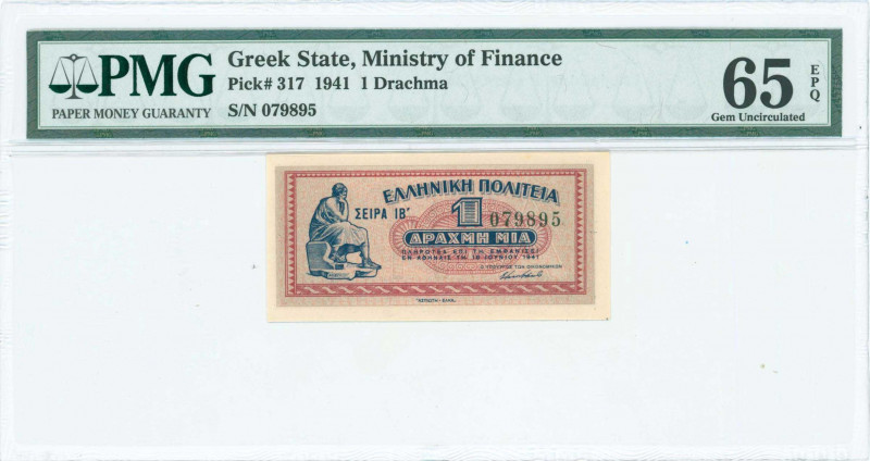 GREECE: 1 Drachma (18.6.1941) in red and blue on gray underprint with seated Ari...