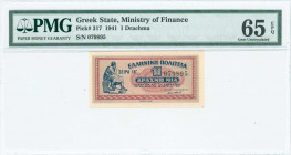 GREECE: 1 Drachma (18.6.1941) in red and blue on gray underprint with seated Aristippos from Kyrini at left. S/N: "IB 079895". Printed by Aspiotis-ELK...