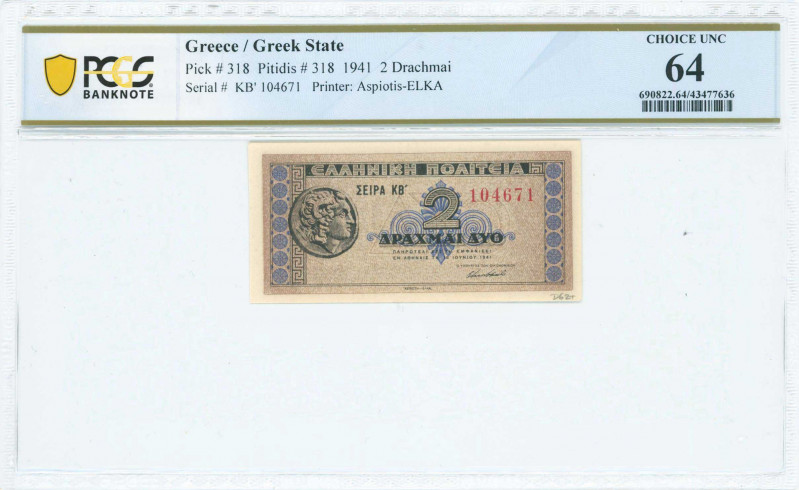 GREECE: 2 Drachmas (18.6.1941) in black and purple on light brown unpt with anci...