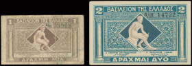 GREECE: Lot composed of 1 Drachma (ND 1922) & 2 Drachmas (ND 1922) with Hermes seated at center. S/Ns: "A/15 73968" & "A/16 14722". (Hellas 228a+229a)...