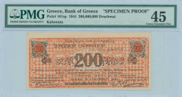 GREECE: Remainder of 200 million Drachmas (5.10.1944) Kalamata treasury note (B issue) in orange, issued by the Bank of Greece, Kalamata branch. Witho...