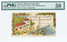 GREECE: 5000 Drachmas (1.7.1945) Zagora payment order in multicolor. Handwritten S/N: "61". Uniface. Never circulated. Printed in Volos. Inside holder...