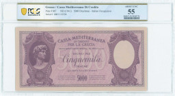 GREECE: 5000 Drachmas (ND 1941) in lilac on light violet unpt with David of Michael Angelo at left. S/N: "0001 112526". WMK: Goddess Athena and curved...