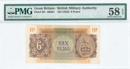 GREECE: 6 Pence (1944 circulated in Greece) in red-brown on green and orange unpt with Coat of Arms of the British army at right. Printed by Bank of E...