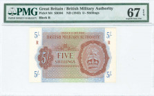 GREECE: 5 Shilings (1944 circulated in Greece) in brown on blue and green unpt with Coat of Arms of the British army at right. Block "R" (GREECE). Ins...