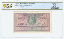 GREECE: 2 Shillings (1.5.1942) in green and violet with portrait of King George VI at center. S/N: "C/6 029137". Inside holder by PCGS "Very Fine 30"....