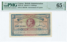 GREECE: 5 Shillings (6.10.1947) in brown-violet and blue with portrait of King George VI at center. S/N: "E/I 025739". Inside holder by PMG "Gem Uncir...