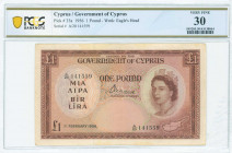GREECE: 1 Pound (1.2.1956) in brown on multicolor unpt with portrait of Queen Elizabeth II at right and map at lower right. S/N: "A/20 141559". WMK: E...