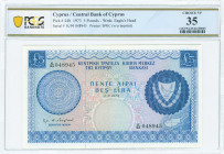 GREECE: 5 Pounds (1.5.1973) in blue on multicolor unpt with Coat of Arms at right. S/N: "K/94 048945". WMK: Eagle head. Printed by (BWC). Inside holde...