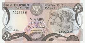 GREECE: 1 Pound (1.6.1979) in dark brown and brown on multicolor unpt with mosaic of Nymph Acme at right and Arms at top left center. S/N: "A023386". ...