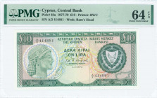 GREECE: 10 Pounds (1.4.1977) in dark green and blue-black on multicolor unpt with archaic bust at left and Arms at right. S/N: "A/2 414881". WMK: Mouf...