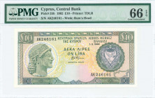 GREECE: 10 Pounds (1.2.1992) in dark green and blue-black on multicolor unpt with archaic bust at left. S/N: "AK 246161". WMK: Moufflon head. Printed ...