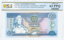 GREECE: 20 Pounds (1.3.1993) in deep blue on multicolor unpt with bust of Aphrodite at left. S/N: "D 425538". Variety: Corrected "YiRMi LiRA". WMK: Mo...