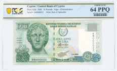 GREECE: 10 Pounds (1.4.2005) in olive-green and blue-green on multicolor unpt with marble head of Artemis at left and Arms at upper center. Low S/N: "...
