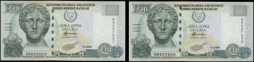 GREECE: Lot composed of 2x 10 Pounds (1.4.2005) in olive-green and blue-green on multicolor unpt with marble head of Artemis at left and Arms at upper...