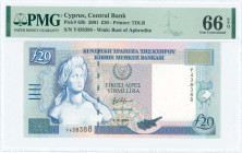 GREECE: 20 Pounds (1.10.2001) in deep blue on multicolor unpt with Bust of Aphrodite at left. S/N: "Y 438388". WMK: Bust of Aphrodite. Printed by (TDL...