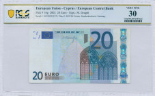 GREECE: 20 Euro (2002) in blue and multicolor with gate in gothic architecture. S/N: "G03582959176". Printing press and plate "R031B4". Signature by D...