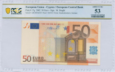 GREECE: 50 Euro (2002) in orange and multicolor with gate in renaissance architecture. S/N: "G00390546595". Printing press and plate "R051E1". Signatu...