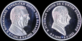 GREECE: Commemorative medal (1993) in silver (0.900) featuring 2 historical decisions for Greeces and Europes future. On obverse: R Schuman for the vi...