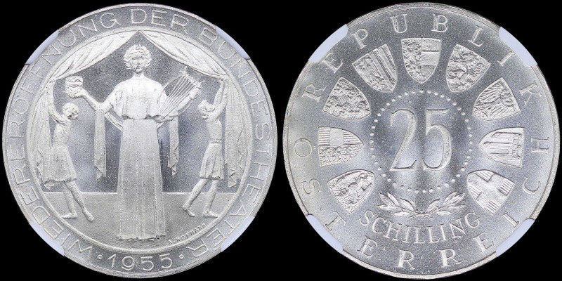 AUSTRIA: 25 Schilling (1955) in silver (0,800) commemorating the reopening of th...