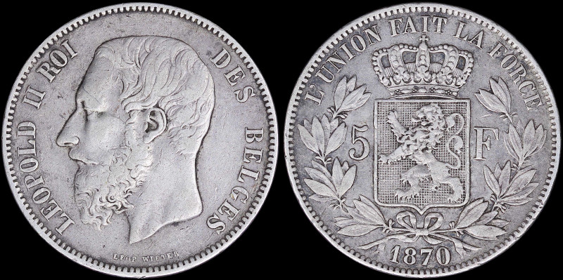 BELGIUM: 5 Francs (1870) in silver (0,900) with smaller head of Leopold II facin...